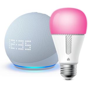 image:imageEcho Dot 5th Gen 2022 release with Clock in Cloud Blue bundle with TPLink Kasa Smart Color Bulb